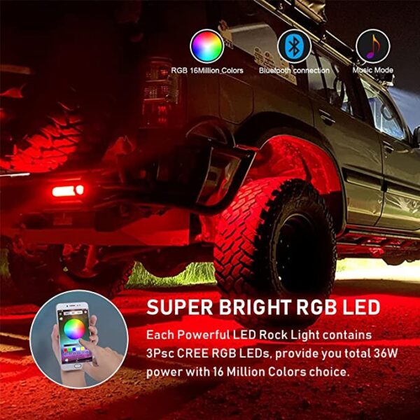 RGB LED Rock Lights Kit with APP Controller, Waterproof Music Lighting Multicolor Cars Under Glow, Wheel, Footwell Neon Light Kits - Image 6