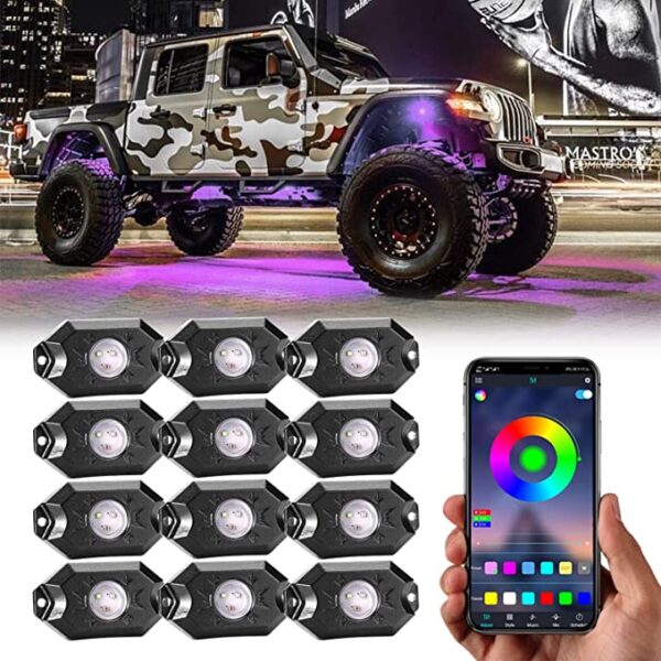 RGB LED Rock Lights Kit with APP Controller, Waterproof Music Lighting Multicolor Cars Under Glow, Wheel, Footwell Neon Light Kits - Image 2